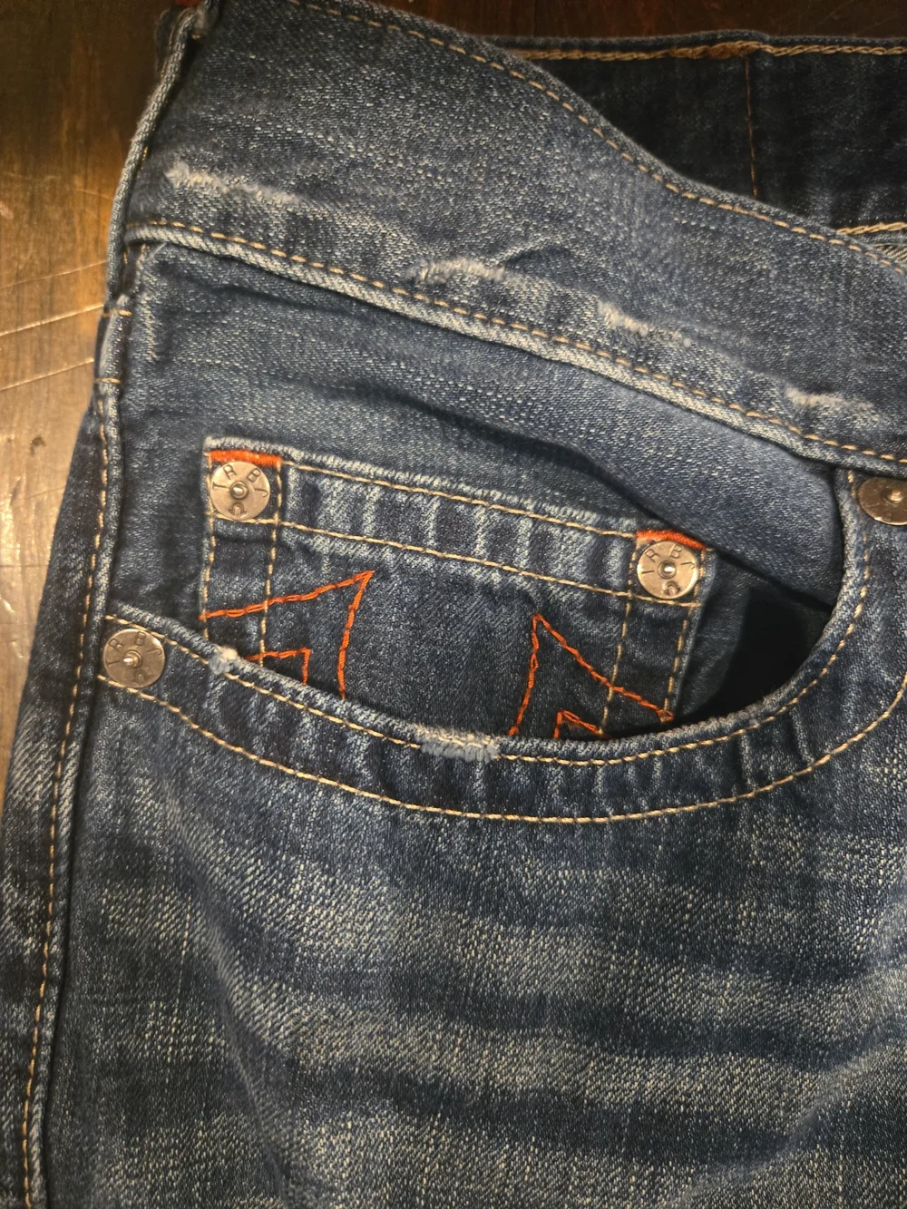True Religion Ricky Straight Jeans Men 36 Blue Red Stitch 100% Cotton Rigid